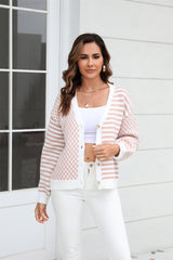 Button-Down Stripe & Plaid Contrast Pattern Cardigan - Flyclothing LLC