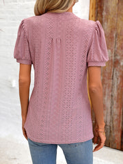 Eyelet Notched Puff Sleeve T-Shirt - Flyclothing LLC