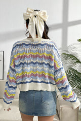 Striped Openwork Dropped Shoulder Sweater - Flyclothing LLC