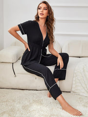 Contrast Piping Belted Top and Pants Pajama Set - Flyclothing LLC