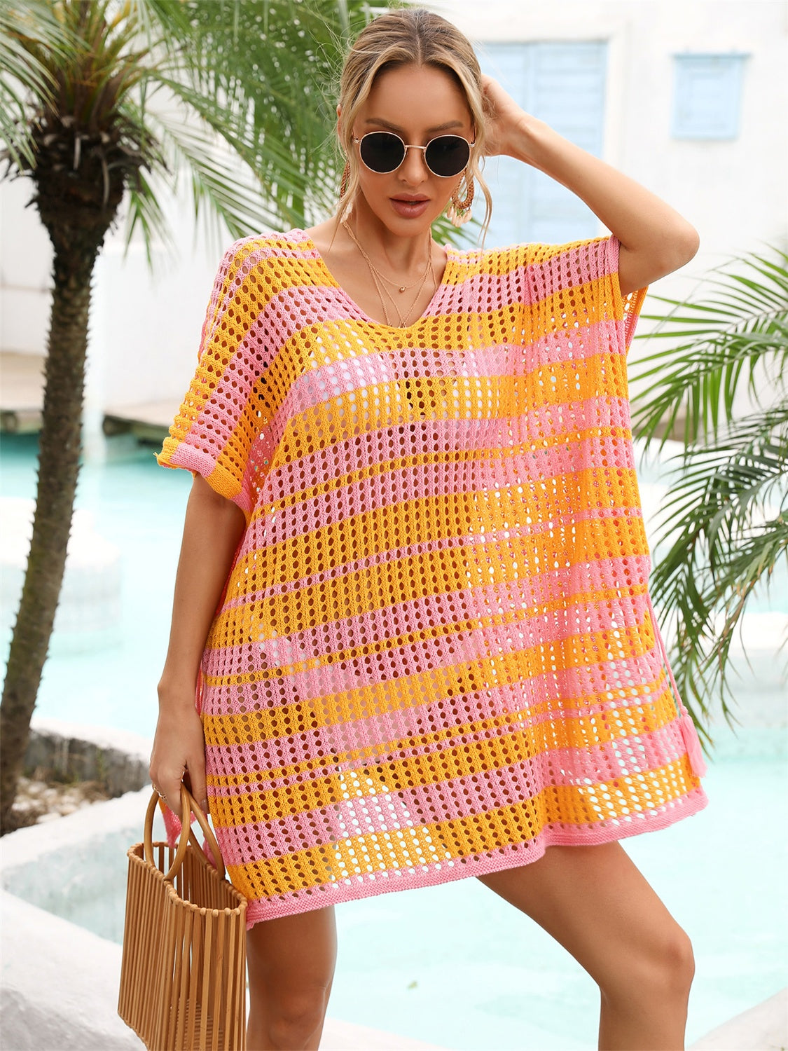 Tassel Openwork Striped V-Neck Cover Up - Flyclothing LLC