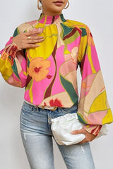 Floral Smocked Lantern Sleeve Mock Neck Blouse - Flyclothing LLC