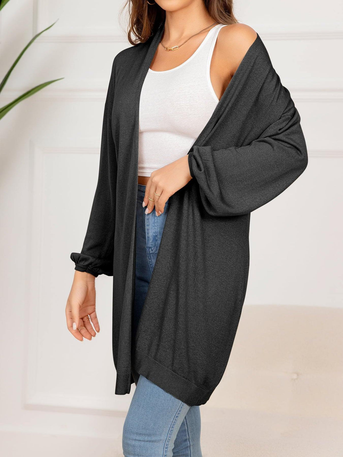 Dropped Shoulder Open Front Longline Cardigan - Flyclothing LLC