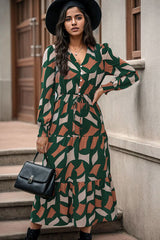 Printed Tied Pocketed Lantern Sleeve Dress - Flyclothing LLC