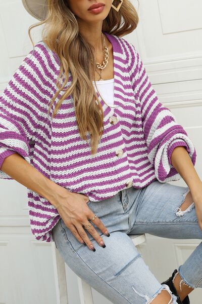 Striped Button Up Long Sleeve Cardigan - Flyclothing LLC