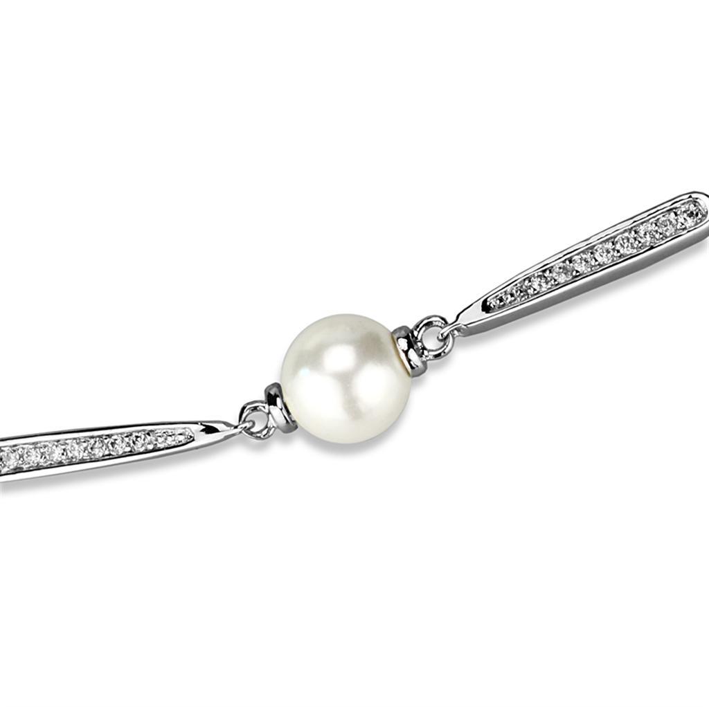 Alamode Rhodium Brass Bracelet with Synthetic Pearl in White - Flyclothing LLC