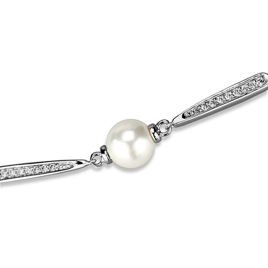 Alamode Rhodium Brass Bracelet with Synthetic Pearl in White - Flyclothing LLC