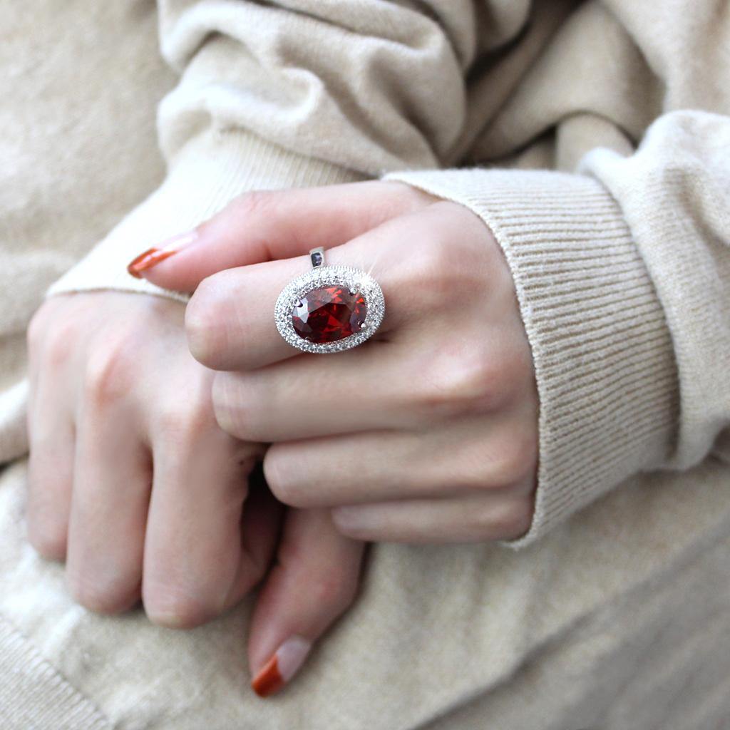 Alamode Rhodium Brass Ring with AAA Grade CZ in Garnet - Flyclothing LLC