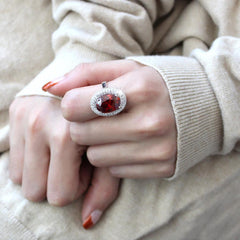 Alamode Rhodium Brass Ring with AAA Grade CZ in Garnet - Flyclothing LLC