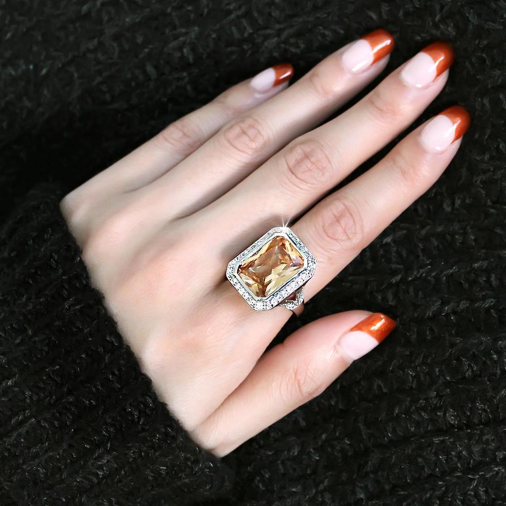 Alamode Rhodium Brass Ring with AAA Grade CZ in Champagne - Flyclothing LLC