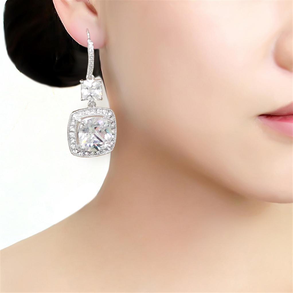 Alamode Rhodium Brass Earrings with AAA Grade CZ in Clear - Flyclothing LLC