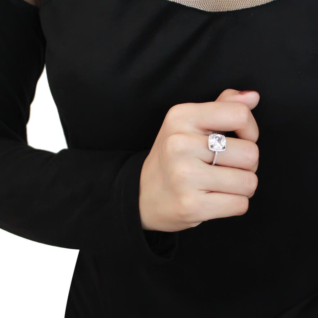 Alamode Rhodium Brass Ring with AAA Grade CZ in Clear - Flyclothing LLC