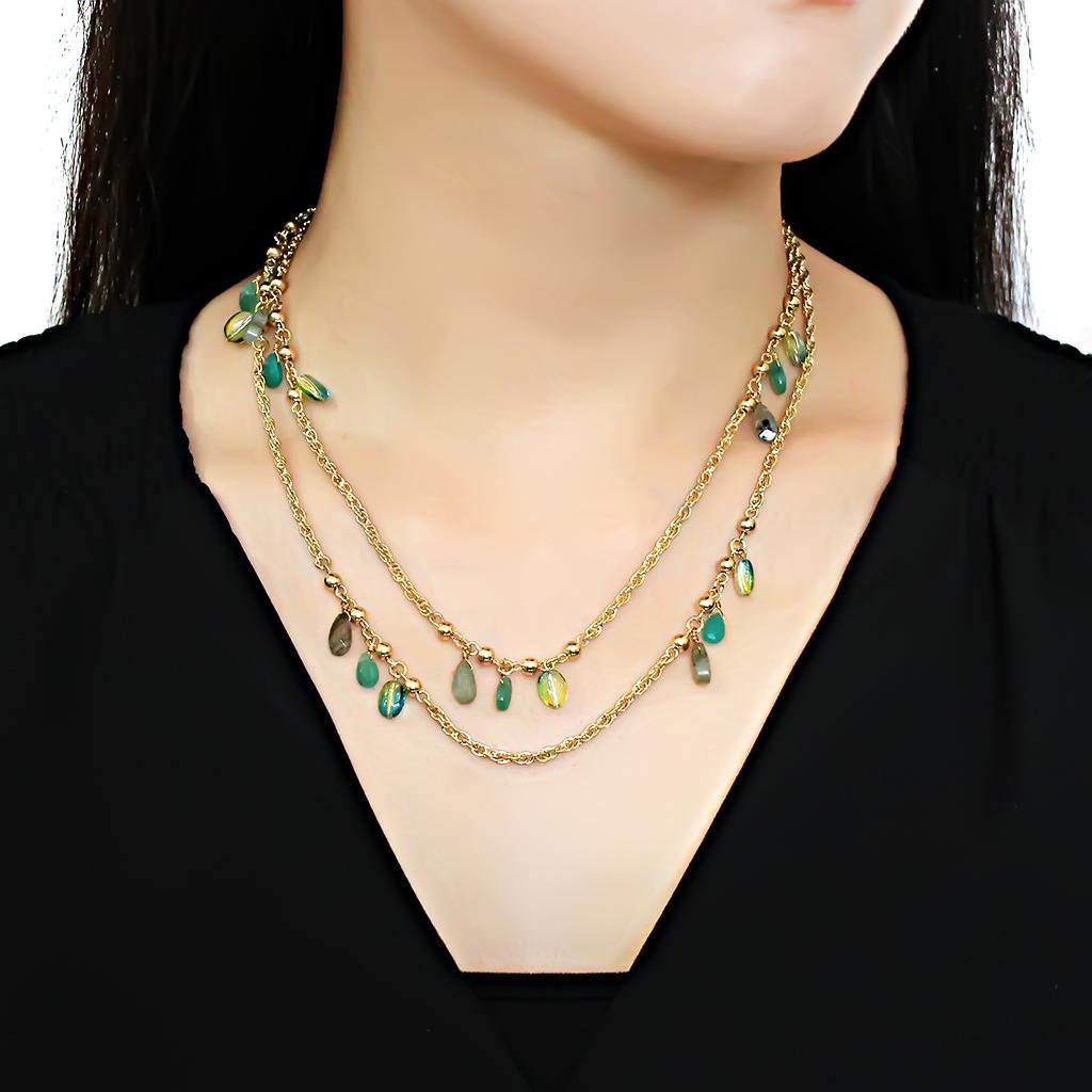 Alamode Gold Brass Necklace with Synthetic Jade in Emerald - Flyclothing LLC