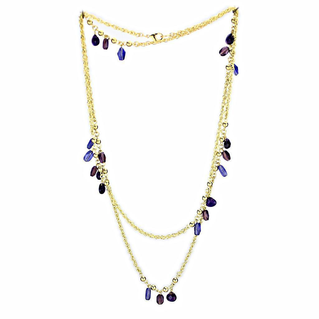 Alamode Gold Brass Necklace with Semi-Precious Amethyst Crystal in Amethyst - Flyclothing LLC