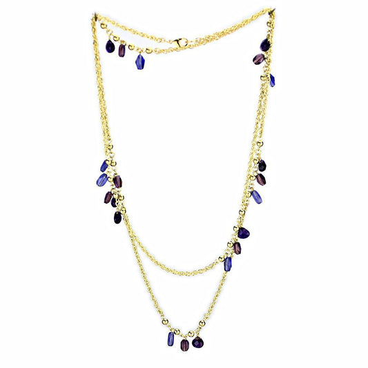 Alamode Gold Brass Necklace with Semi-Precious Amethyst Crystal in Amethyst - Flyclothing LLC