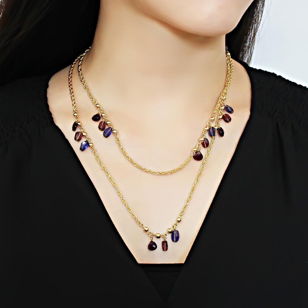 Alamode Gold Brass Necklace with Semi-Precious Amethyst Crystal in Amethyst - Flyclothing LLC