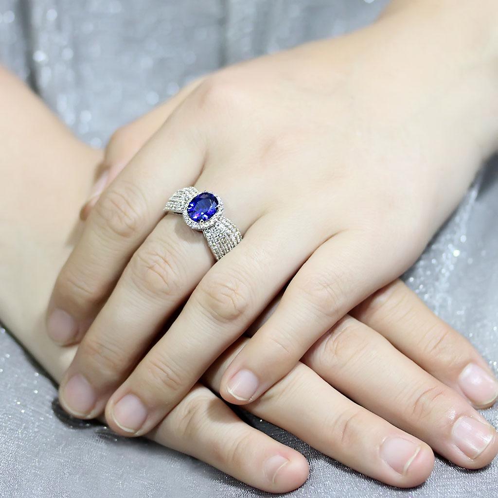 Alamode Rhodium Brass Ring with Synthetic Spinel in London Blue - Flyclothing LLC