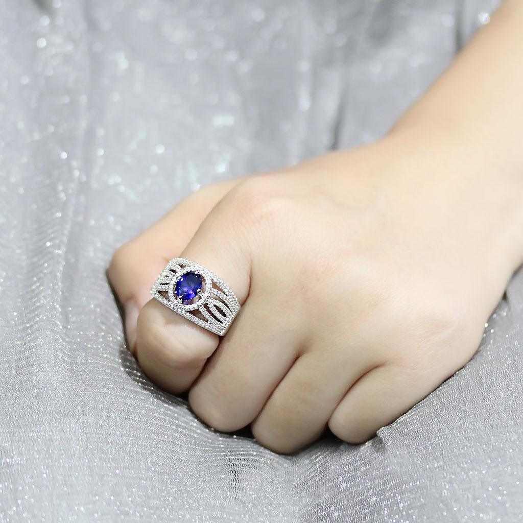 Alamode Rhodium Brass Ring with Synthetic Spinel in London Blue - Flyclothing LLC