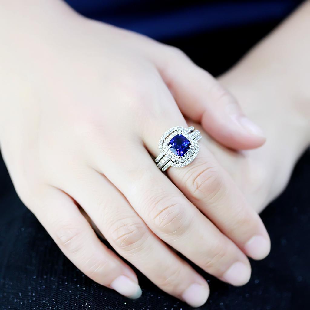 Alamode Rhodium Brass Ring with Synthetic Spinel in London Blue - Flyclothing LLC