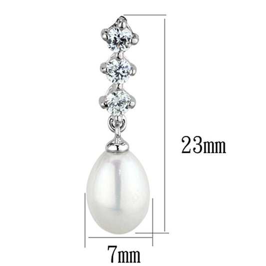 Alamode Rhodium Brass Earrings with Semi-Precious Pearl in White - Flyclothing LLC