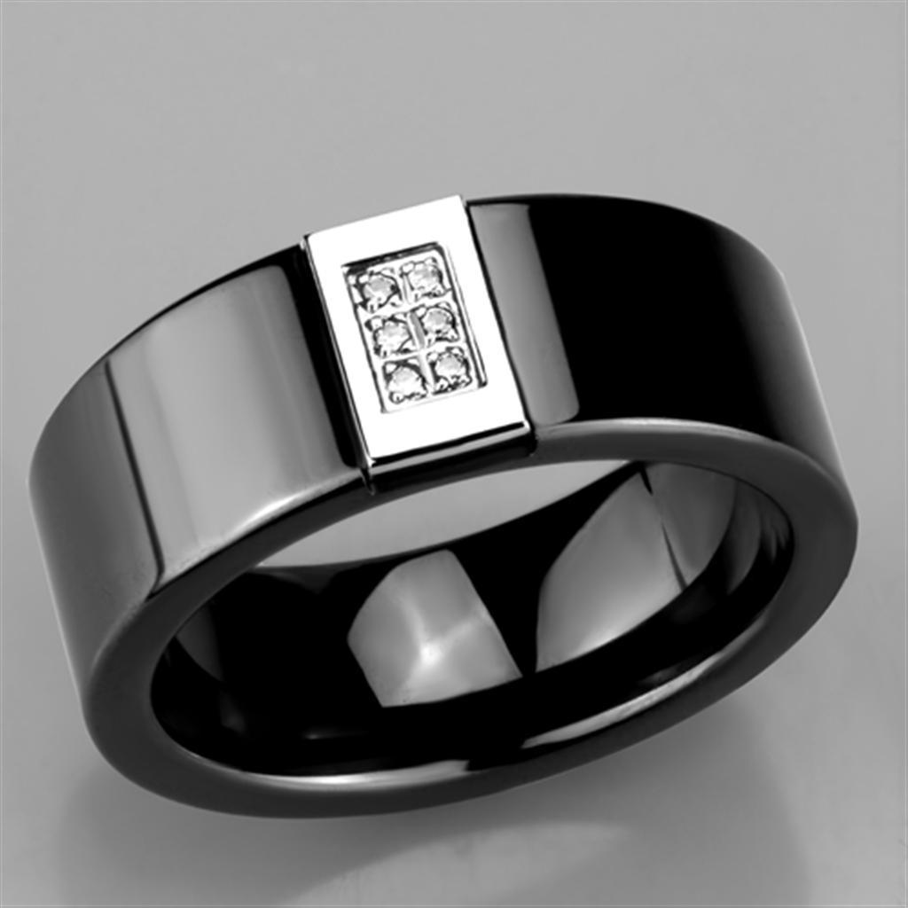 Alamode High polished (no plating) Stainless Steel Ring with Ceramic in Jet - Flyclothing LLC