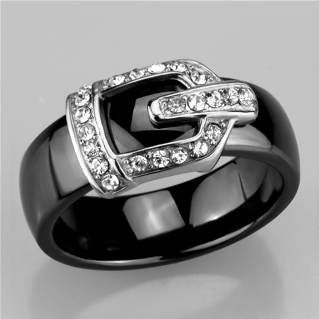 Alamode High polished (no plating) Stainless Steel Ring with Ceramic in Jet - Flyclothing LLC