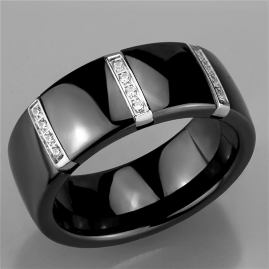 Alamode High polished (no plating) Stainless Steel Ring with Ceramic in Jet - Flyclothing LLC