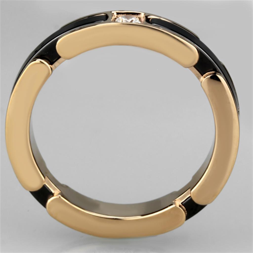 Alamode IP Rose Gold(Ion Plating) Stainless Steel Ring with Ceramic in Jet - Flyclothing LLC