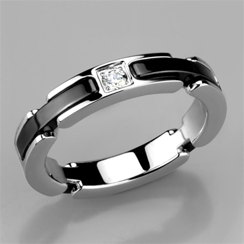 Alamode High polished (no plating) Stainless Steel Ring with Ceramic in Jet - Flyclothing LLC