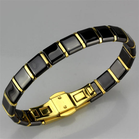 Alamode IP Gold(Ion Plating) Stainless Steel Bracelet with Ceramic in Jet - Flyclothing LLC