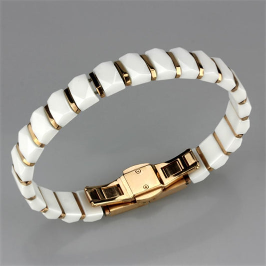 Alamode IP Rose Gold(Ion Plating) Stainless Steel Bracelet with Ceramic in White - Flyclothing LLC