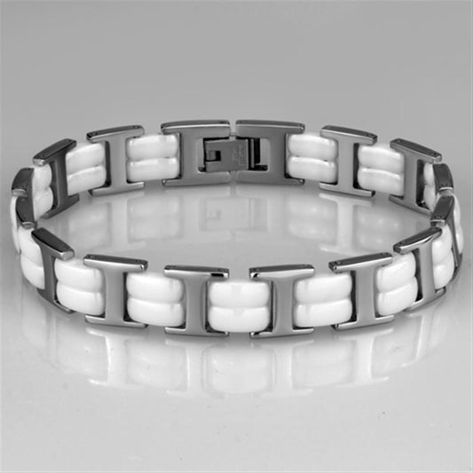 Alamode High polished (no plating) Stainless Steel Bracelet with Ceramic in White - Flyclothing LLC