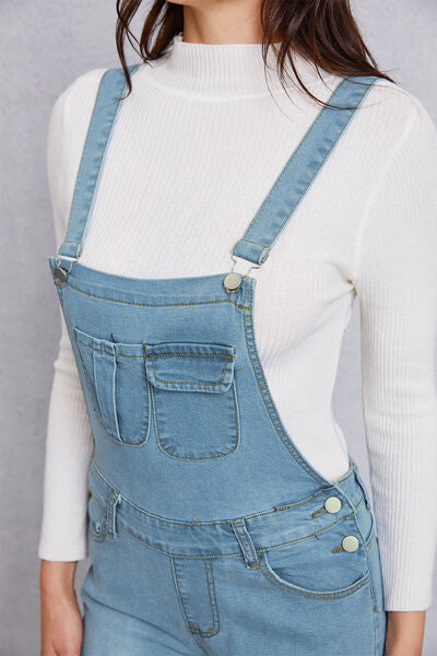 Distressed Washed Denim Overalls with Pockets - Flyclothing LLC