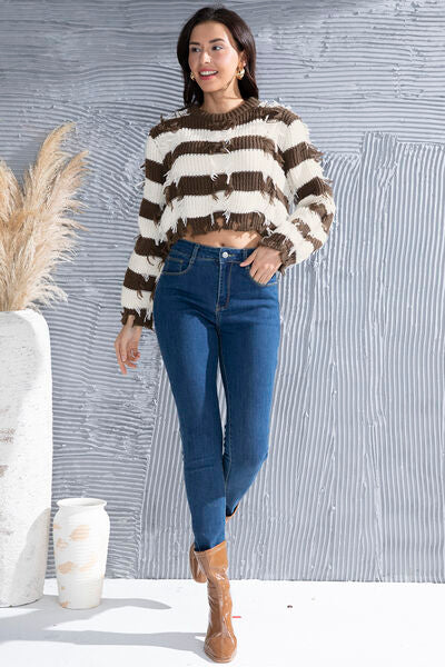 Striped Fringe Round Neck Sweater - Flyclothing LLC