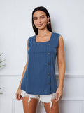 Square Neck Decorative Button Tank - Flyclothing LLC