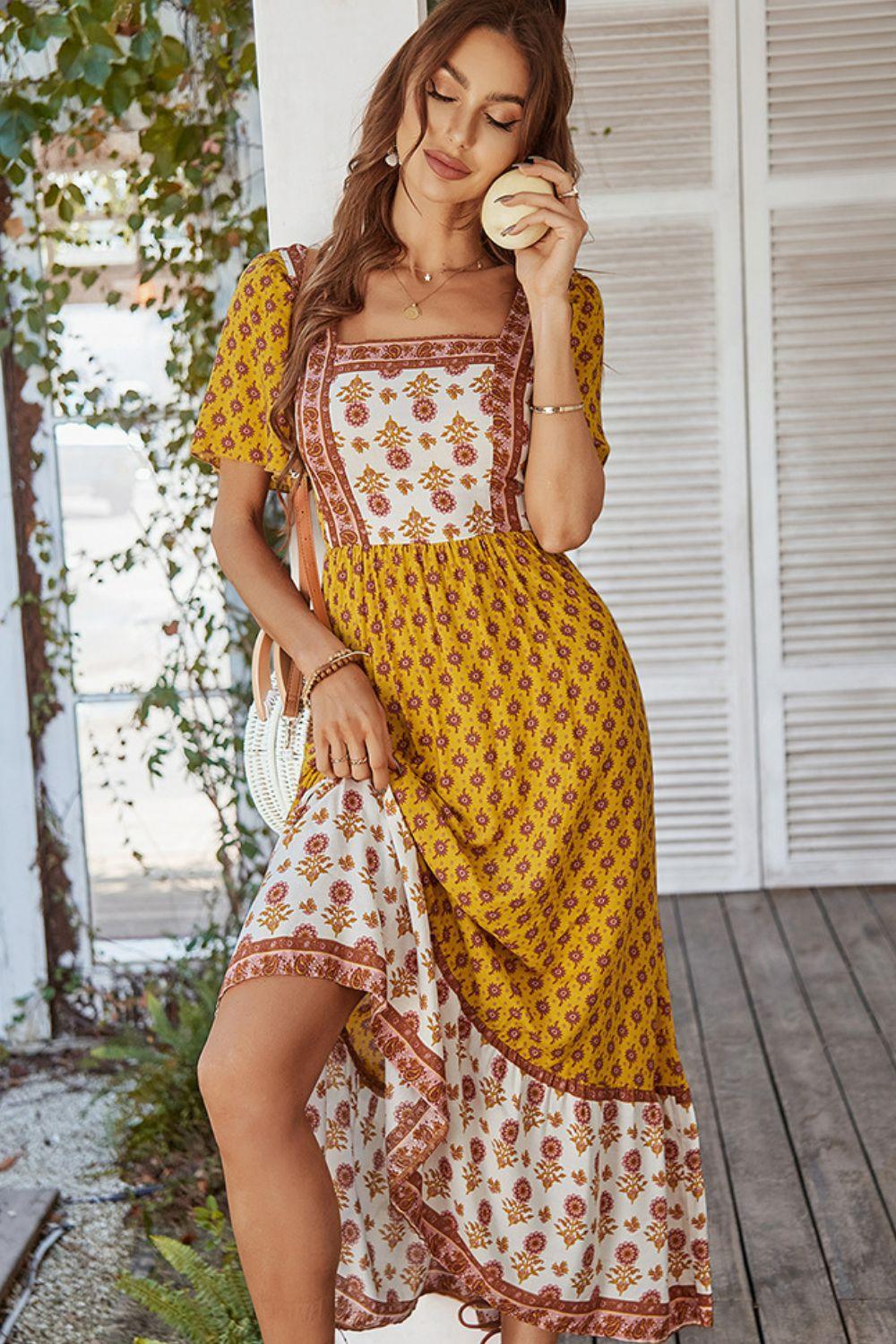 Bohemian Square Neck Flutter Sleeve Maxi Dress - Flyclothing LLC