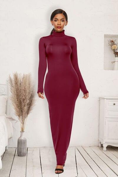 Mock Neck Long Sleeve Maxi Slim Dress - Flyclothing LLC