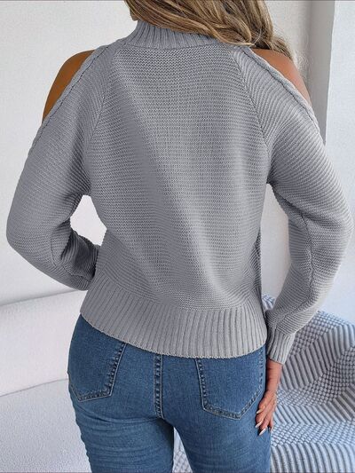 Cable-Knit Turtleneck Cold Shoulder Sweater - Flyclothing LLC