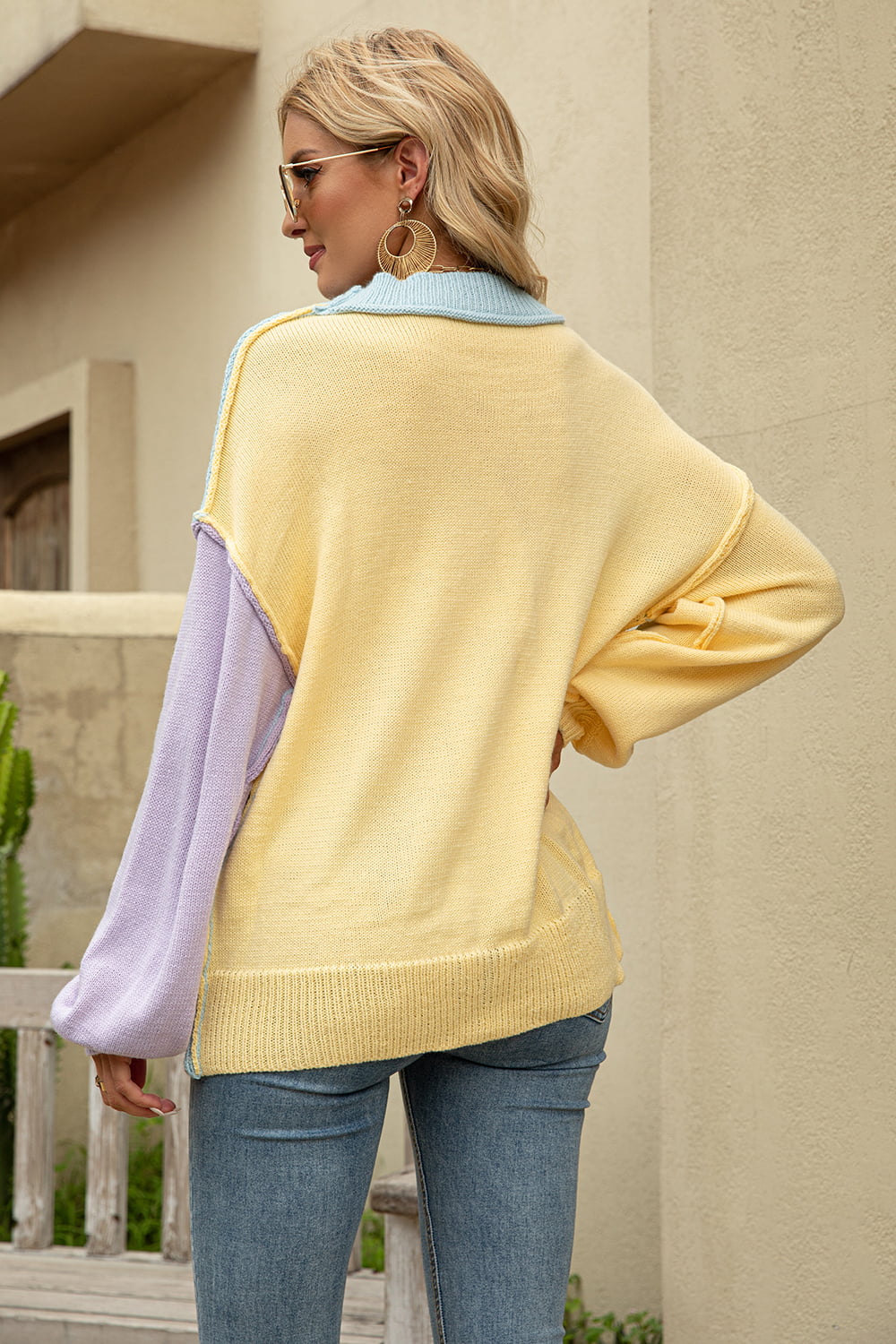 Color Block Round Neck Dropped Shoulder Sweater - Flyclothing LLC