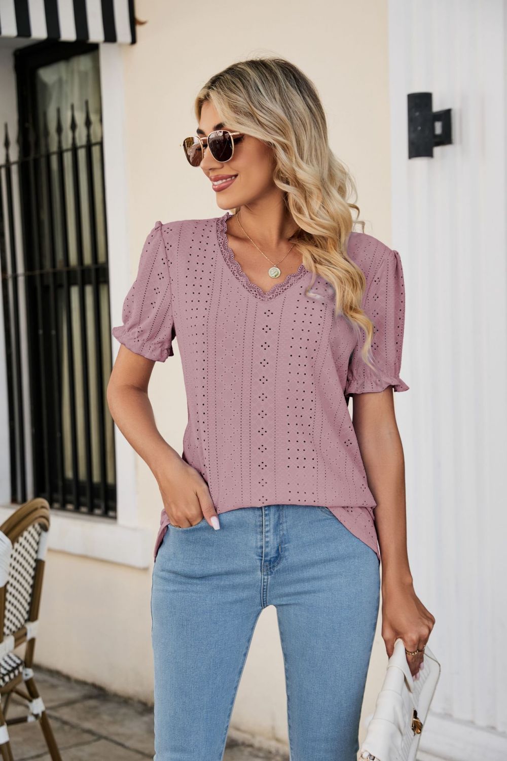 Eyelet Flounce Sleeve Scalloped V-Neck Top - Flyclothing LLC