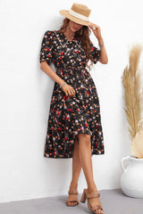 Floral Collared Neck Puff Sleeve Dress - Flyclothing LLC