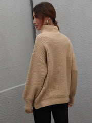 High Neck Balloon Sleeve Rib-Knit Pullover Sweater - Flyclothing LLC