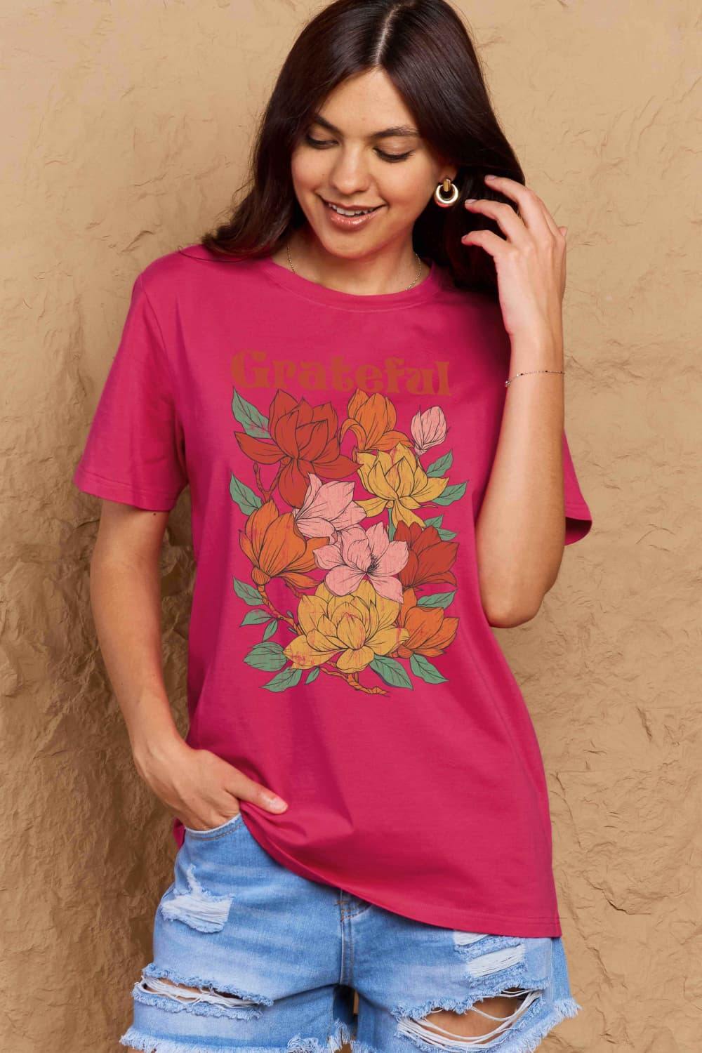 Simply Love Full Size GRATEFUL Flower Graphic Cotton T-Shirt - Trendsi