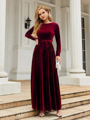 Tie Front Round Neck Long Sleeve Maxi Dress - Flyclothing LLC