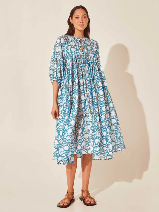 Floral Tie Neck Lantern Sleeve Dress - Flyclothing LLC