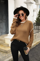 Round Neck Long Sleeve Waffle-Knit Sweater - Flyclothing LLC