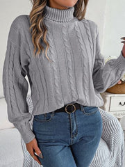 Cable-Knit Turtleneck Dropped Shoulder Sweater - Flyclothing LLC