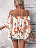 Printed Off-Shoulder Bell Sleeve Blouse - Flyclothing LLC