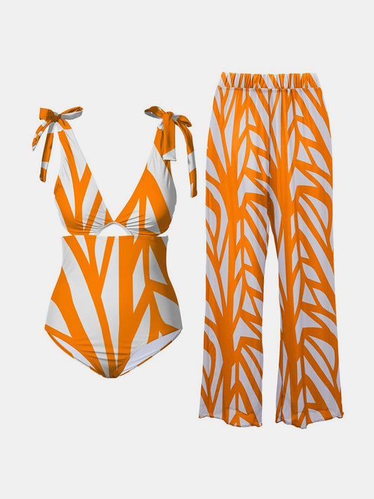 Printed Tie Shoulder Swimwear and Pants Swim Set - Flyclothing LLC