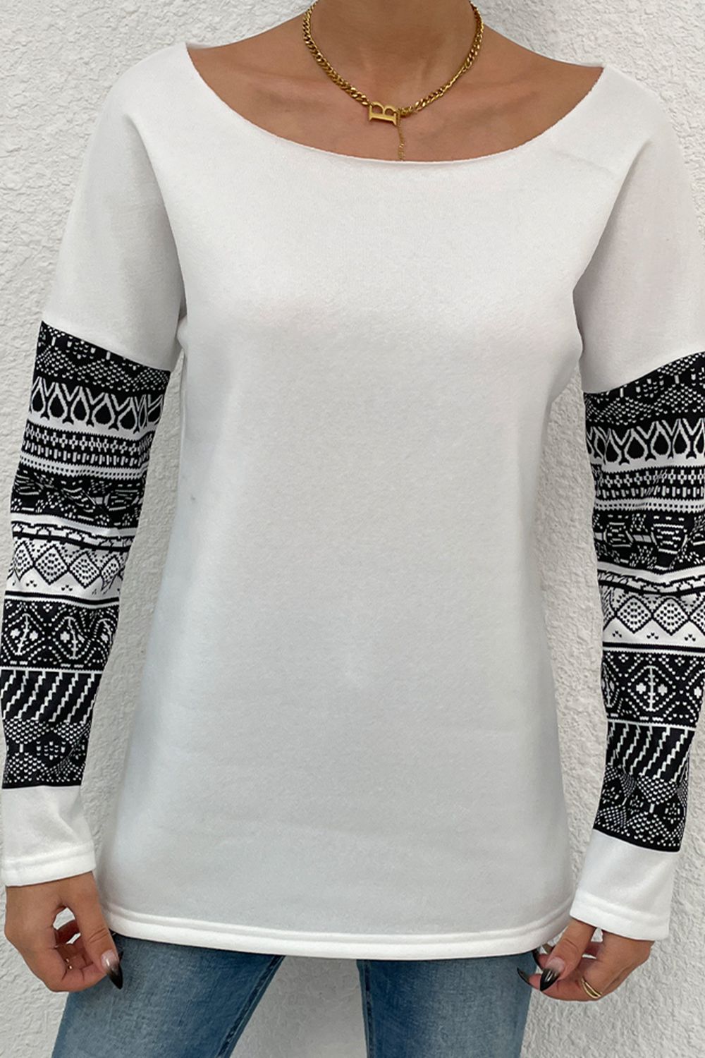 Boat Neck Long Printed Sleeve Blouse - Flyclothing LLC